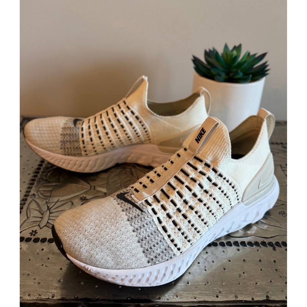 Men's Sz 10.5 Nike React Phantom Run Flyknit 2 Slip On Shoes Sail Light Bone - Picture 3 of 7